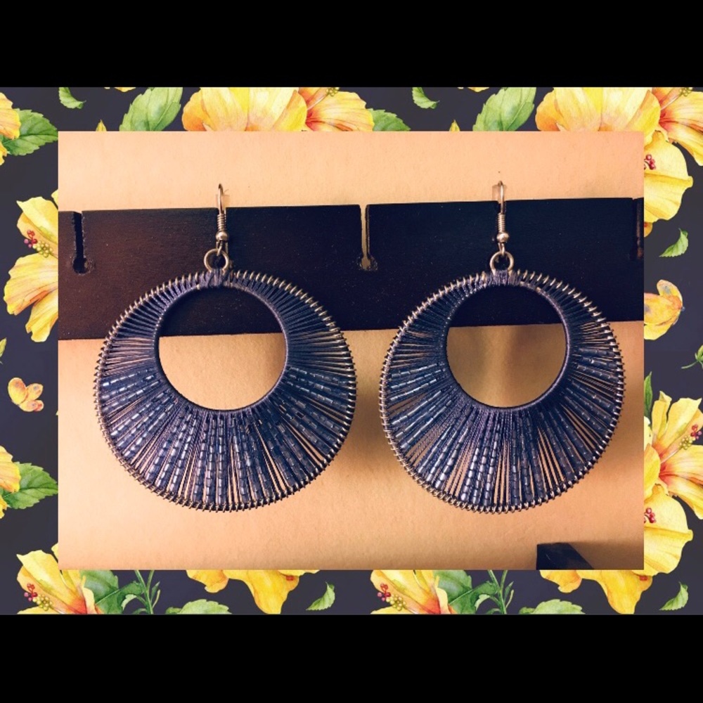 Blue Beaded Circular Hoop Earrings